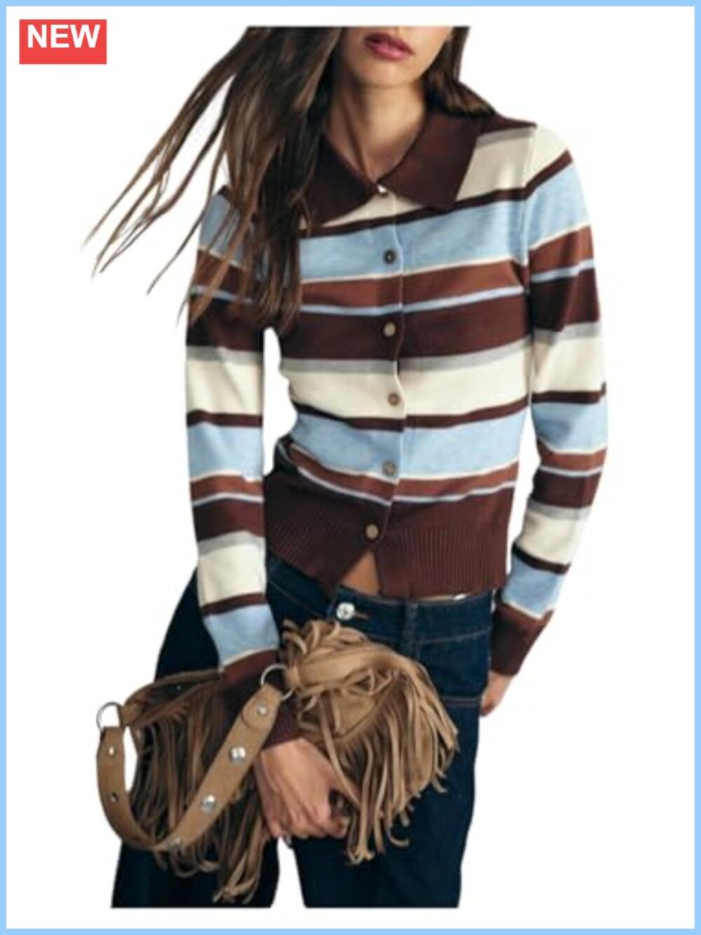 Women's Collared Button Down Cropped Cardigan Stripe Preppy Sweater